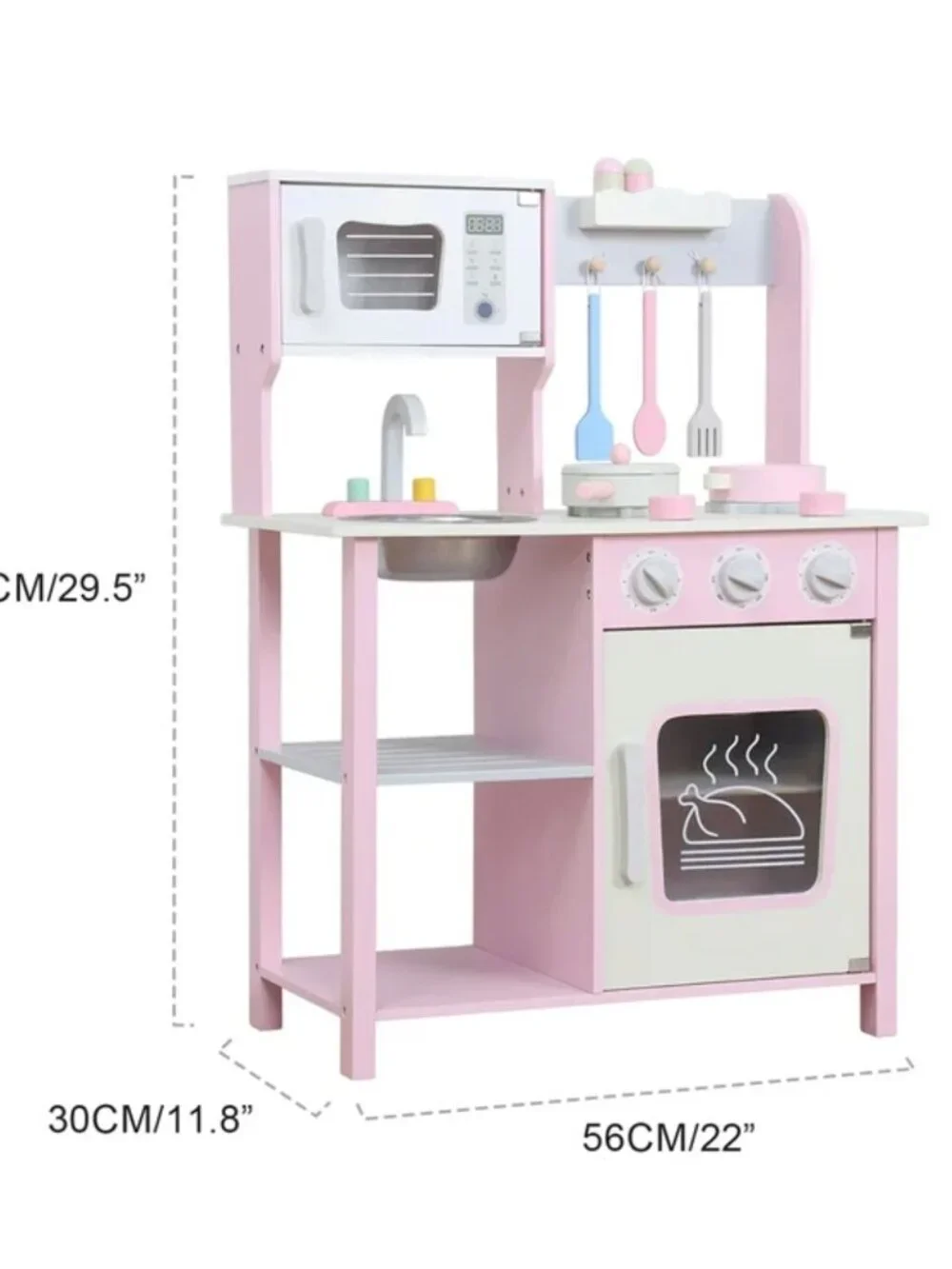Kids Wooden Play Kitchen Set, Pink Pretend Cooking Toy with Accessories - Picture 5 of 16